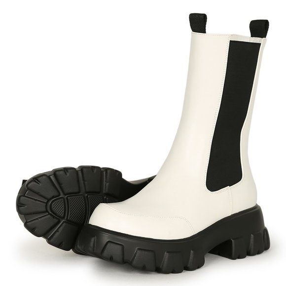 Women's Chunky Mid Calf Elastic Collar Round Toe Lugged Sole Boot- White - Picture 3 of 7